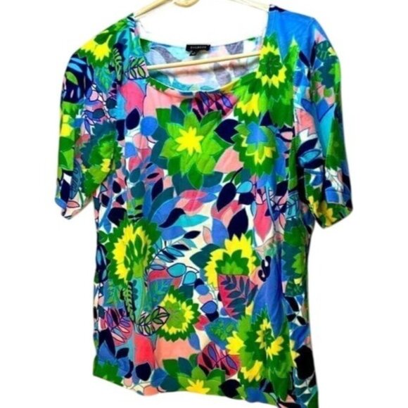 Talbots Womens Floral Short Sleeve Top L Cotton/Rayon Blend Multicolor Vibrant P - Picture 1 of 6